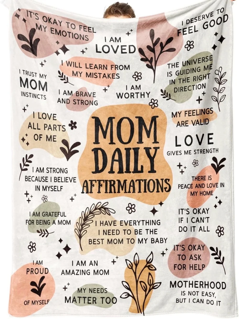 Mom Daily Affirmations Throw Blanket - White, Blush & Tan NWT